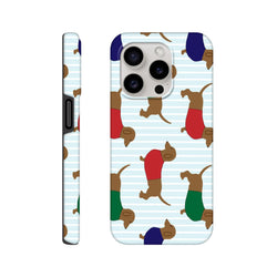 Cute dachshund iPhone case featuring sausage dogs in colorful sweaters on a blue striped background. Tough phone cover.