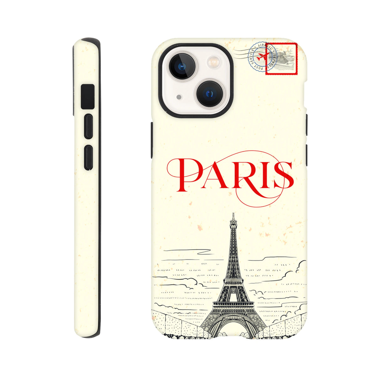 Paris Eiffel Tower rugged iPhone case for iPhone 13-16 with vintage postcard design, travel cover.