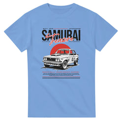 Blue men's T-shirt with Japanese JDM Samurai Treasure graphic featuring a rally car and red sun.