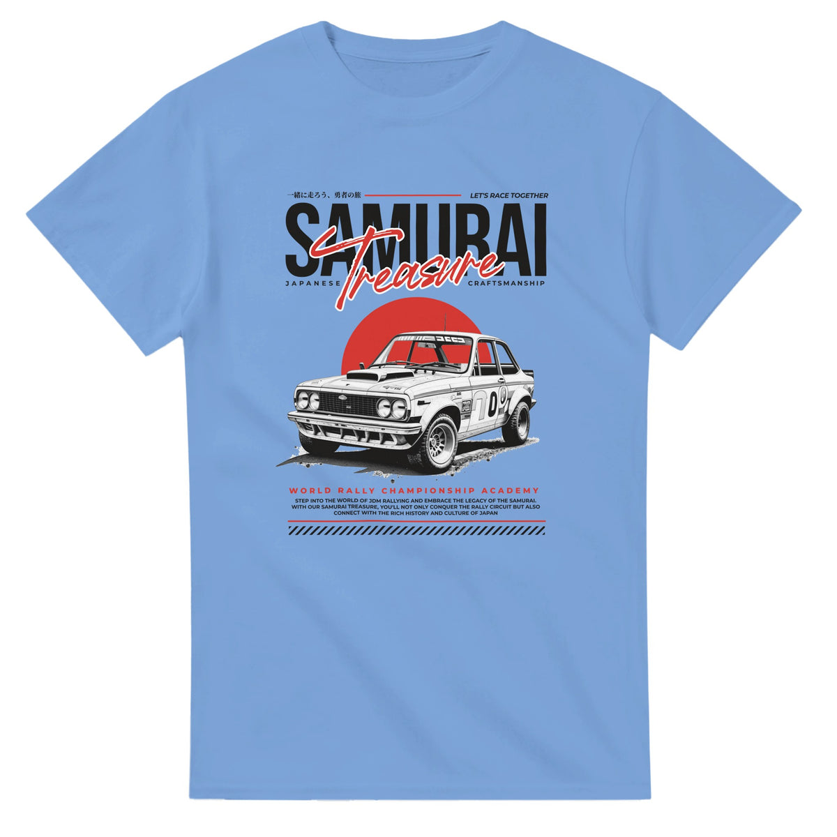 Blue men's T-shirt with Japanese JDM Samurai Treasure graphic featuring a rally car and red sun.