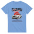 Blue men's T-shirt with Japanese JDM Samurai Treasure graphic featuring a rally car and red sun.