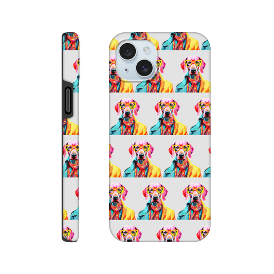 Gent Dog Tough Protective Case for iPhone 16-13 with wraparound print of colorful dog pattern across stripes.