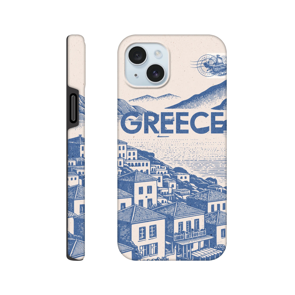 Vintage Greece iPhone case featuring a blue and cream Mediterranean village illustration with bold text and travel stamp graphic.
