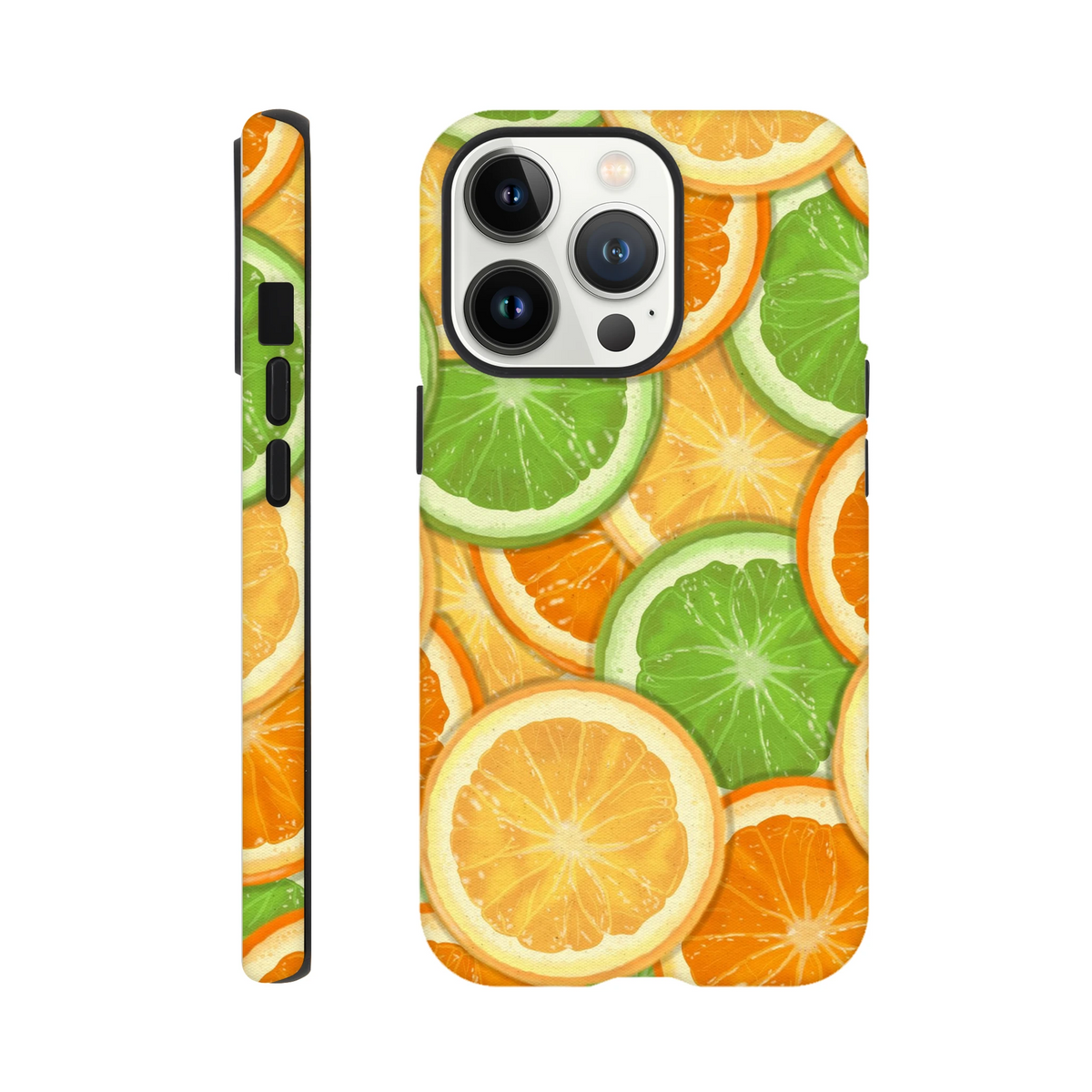 Durable iPhone case featuring a vibrant wraparound print of sliced oranges and limes, designed for shock absorption and daily protection.