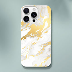 Luxury white and gold marble iPhone case featuring an abstract fluid pattern with metallic gold accents for a premium finish.