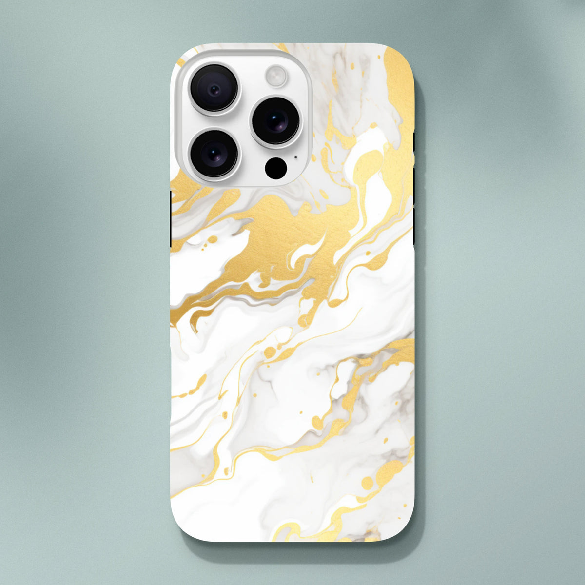 Luxury white and gold marble iPhone case featuring an abstract fluid pattern with metallic gold accents for a premium finish.
