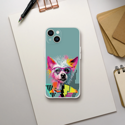 Funny dog iPhone case for iPhone 13-16 with retro aesthetic, teal background and colorful dog illustration.