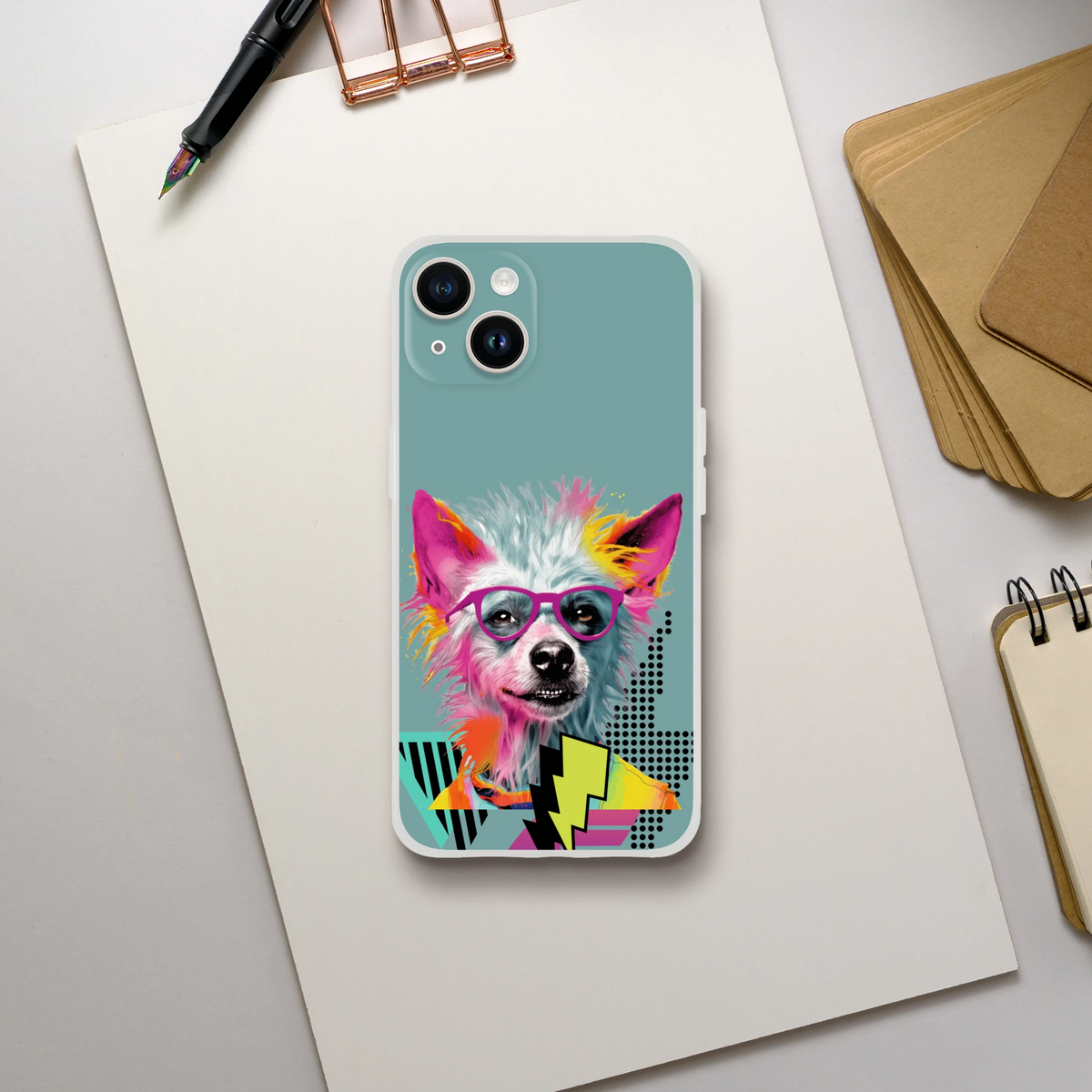 Funny dog iPhone case for iPhone 13-16 with retro aesthetic, teal background and colorful dog illustration.