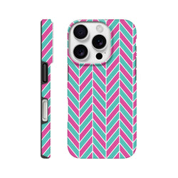 Pink and turquoise herringbone iPhone case with geometric chevron pattern, tough dual-layer TPU protection for iPhone 13-16.