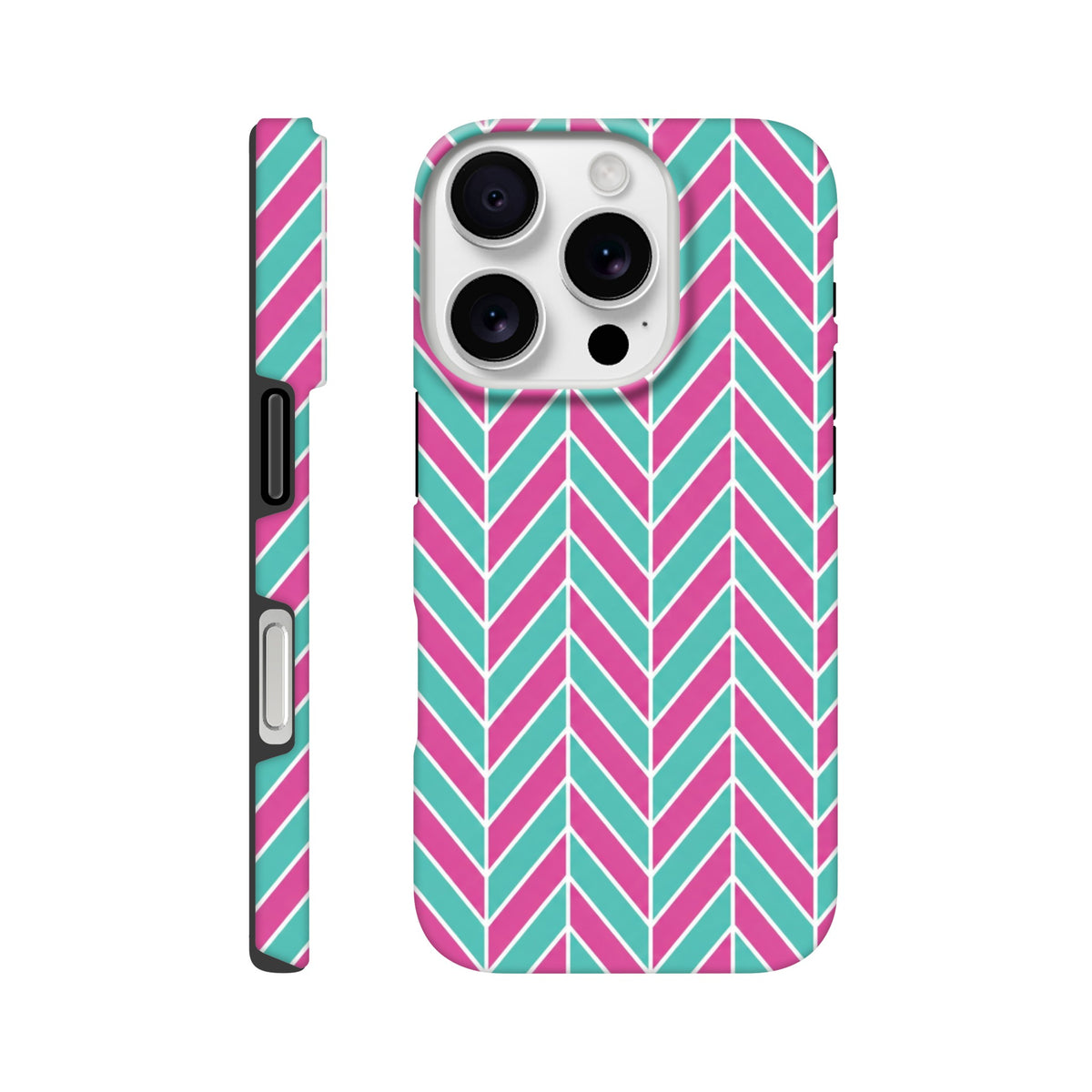Pink and turquoise herringbone iPhone case with geometric chevron pattern, tough dual-layer TPU protection for iPhone 13-16.