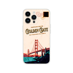 Vintage postcard-style iPhone case featuring Golden Gate Bridge, postage stamps, and retro USA holiday design.