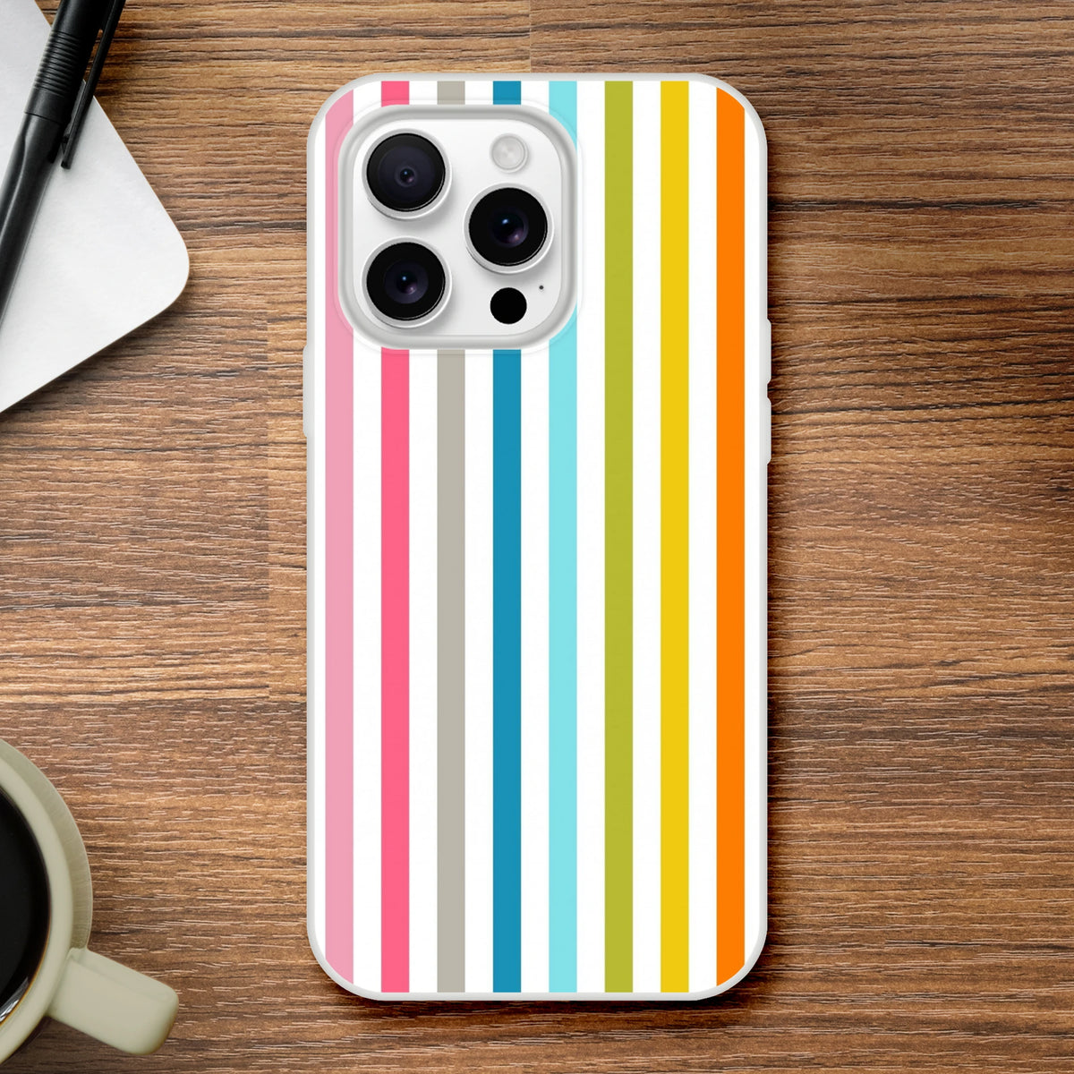 Pastel Rainbow Stripe iPhone Case for iPhone 13-16 with frosty transparent shell, retro design, and long-lasting rainbow print.
