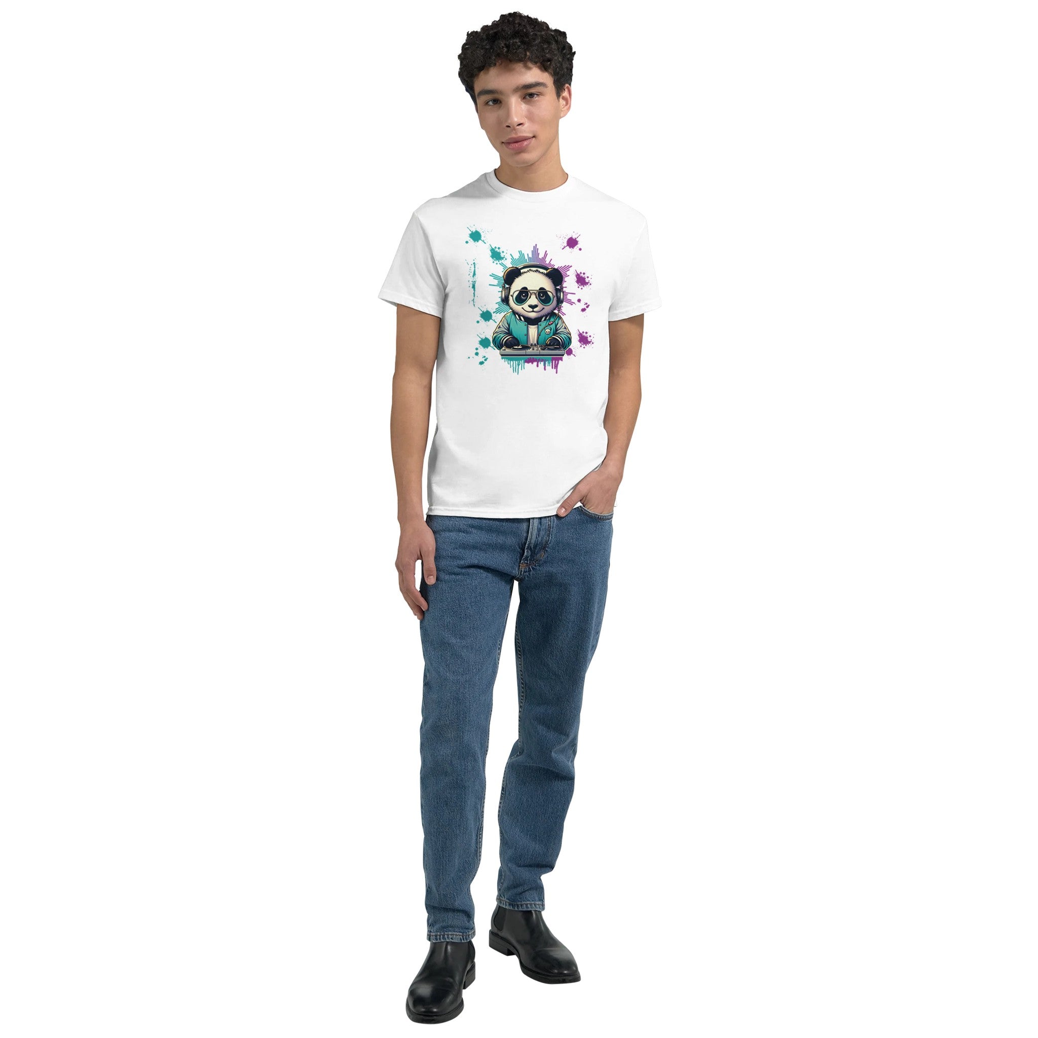 Male model wearing a white Panda DJ graphic T-shirt with colorful splash artwork.