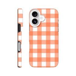 Retro orange and white gingham tough iPhone case with shock-absorbing design for models 13-16.