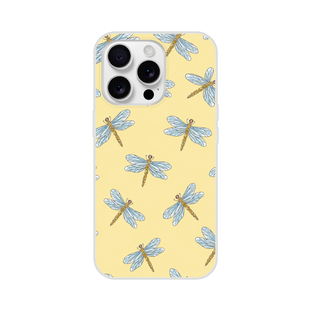 Yellow dragonfly-pattern iPhone case for 13-16, slim shell with bold dragonfly print.