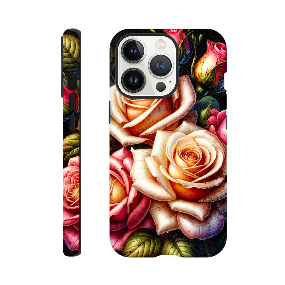 Romantic floral iPhone case featuring detailed peach and pink roses with dark leaves on a protective cover with reinforced corners.