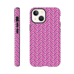 Pink herringbone geometric iPhone case with dual-layer shock absorption for models 13-16.