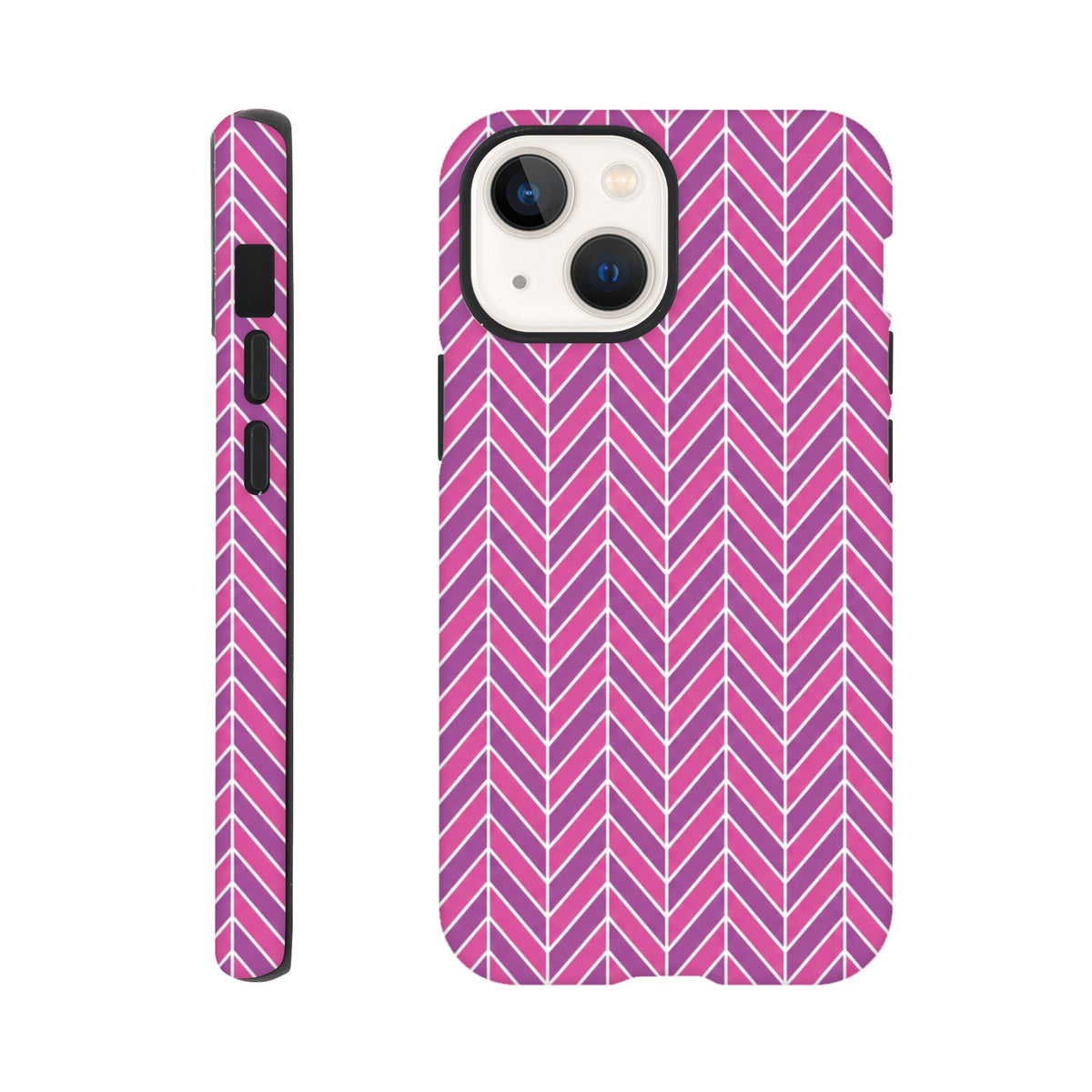 Pink herringbone geometric iPhone case with dual-layer shock absorption for models 13-16.