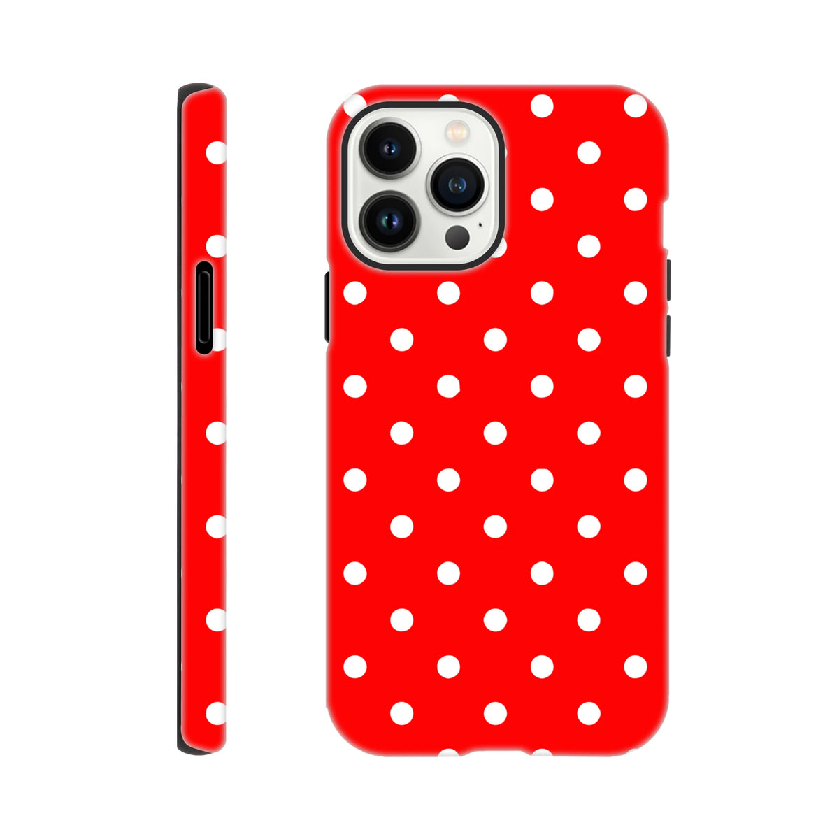 Cute red iPhone case with white polka dots. Tough dual-layer phone cover for iPhone 13-16 models, featuring vintage styling and drop protection.