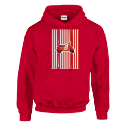 Red vintage mod style hoodie featuring a retro scooter graphic on red and white vertical stripes.