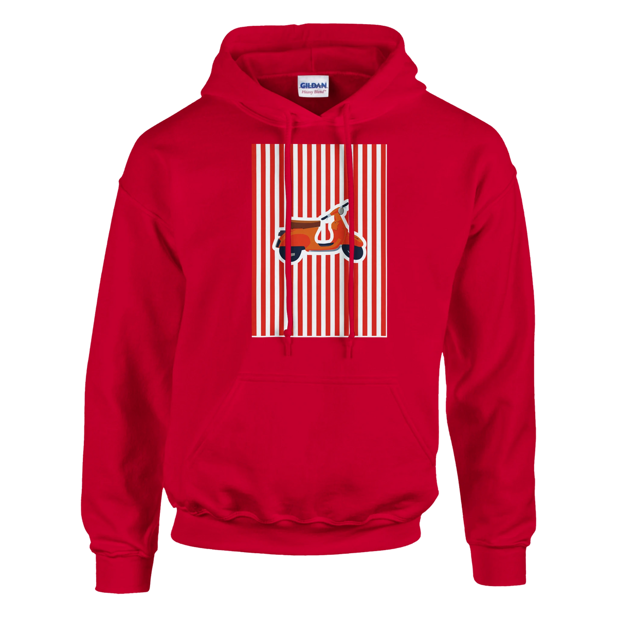 Red vintage mod style hoodie featuring a retro scooter graphic on red and white vertical stripes.