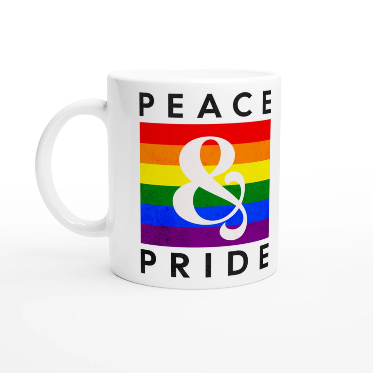 Gay Pride mug featuring rainbow stripes and a white ampersand on ceramic.