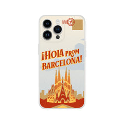 Vintage postcard iPhone case with Spain Barcelona landmarks, retro travel vibe, Flexi Case protection