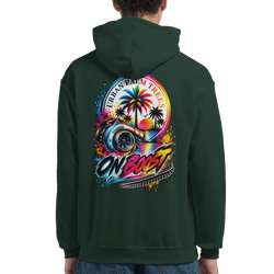 Dark green hoodie back featuring a vibrant "On Boost" graphic with a turbocharger, colorful palm trees, and "Urban Palm Trees" text.