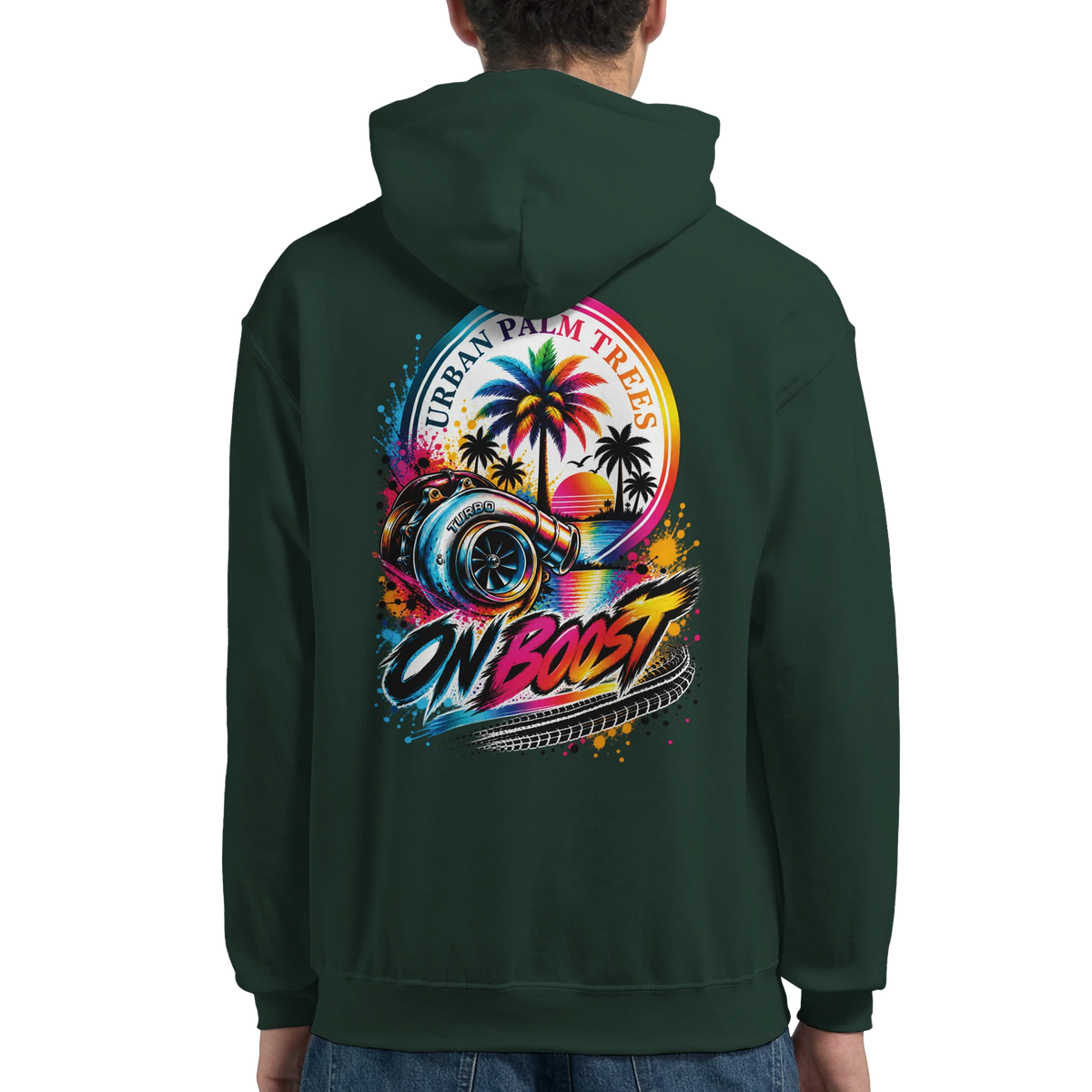 Dark green hoodie back featuring a vibrant "On Boost" graphic with a turbocharger, colorful palm trees, and "Urban Palm Trees" text.