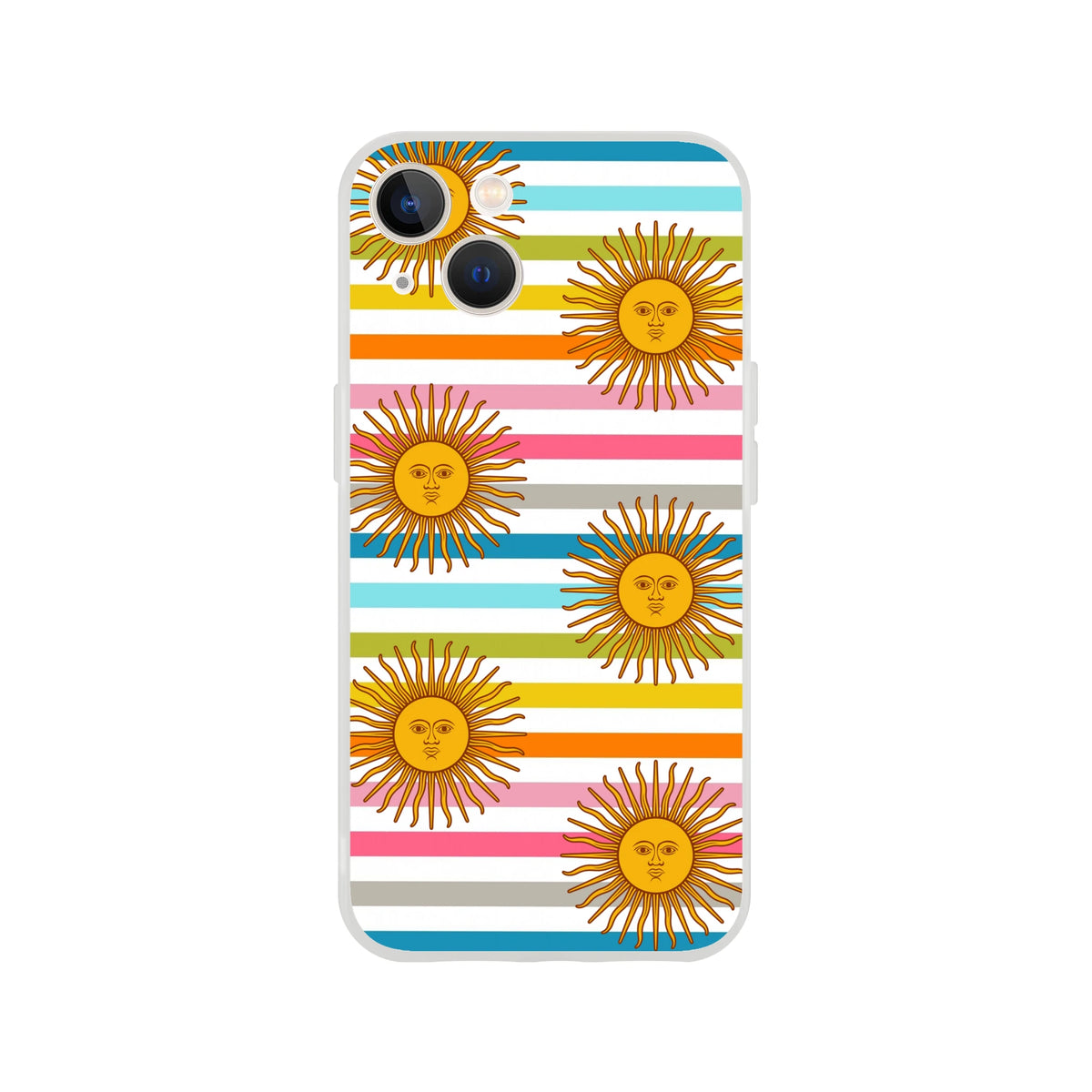 Retro rainbow sun iPhone 13-16 case with striped background and boho sun motifs, matte finish.