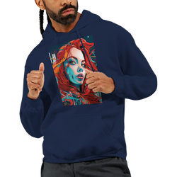 Navy men's hoodie featuring bold pop art graphic of a redhead woman with vibrant teal and orange streetwear design.