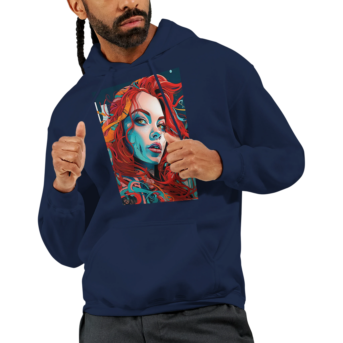 Navy men's hoodie featuring bold pop art graphic of a redhead woman with vibrant teal and orange streetwear design.