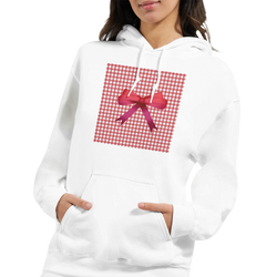 White hoodie with red gingham square and pink bow graphic. Cute coquette checkered pullover for women, perfect for doll core style.