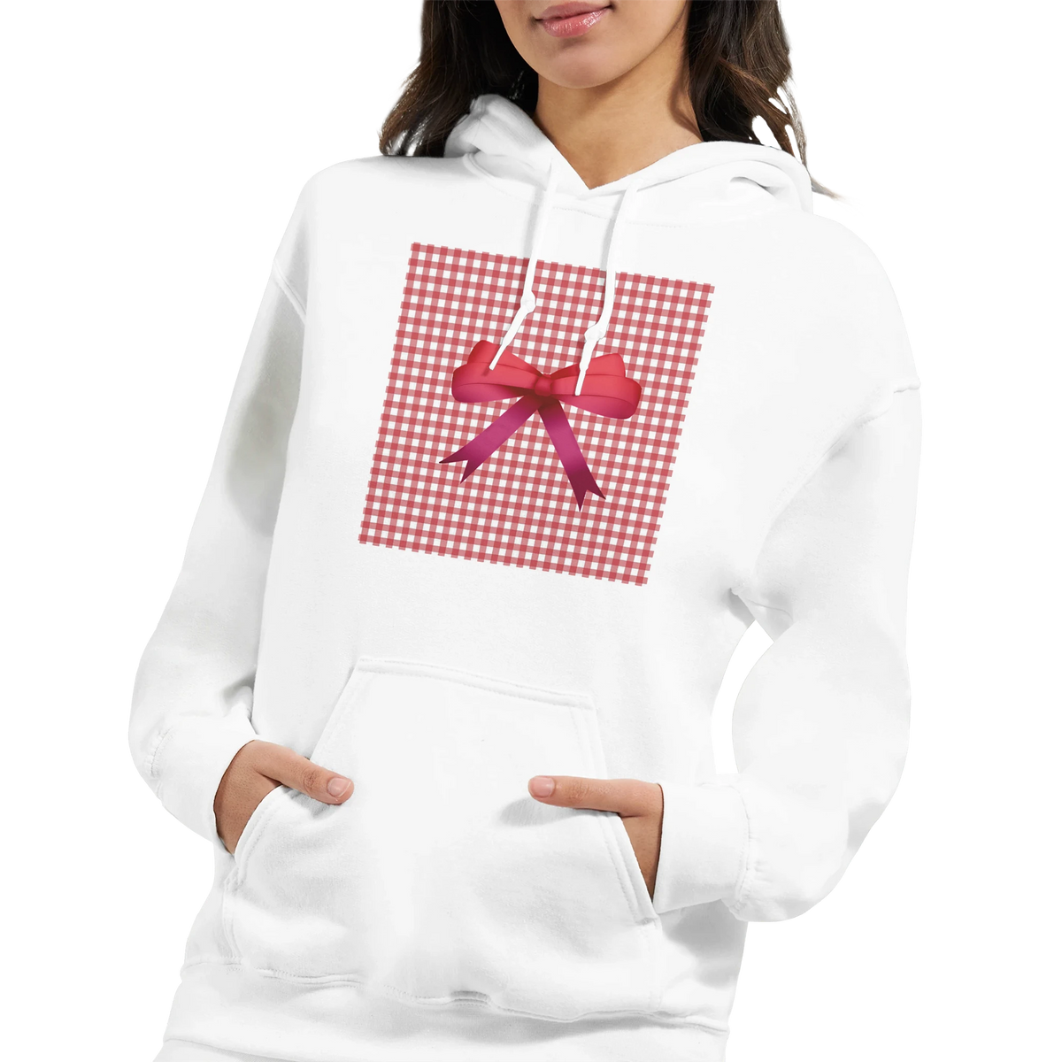 White hoodie with red gingham square and pink bow graphic. Cute coquette checkered pullover for women, perfect for doll core style.