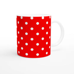 Red ceramic mug with white polka dots and white handle. Cute spotty coffee cup for daily brew, office, or gifting.