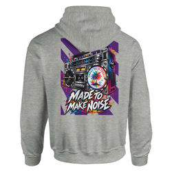Grey men's hoodie back featuring colorful retro boombox graphic with "Made to Make Noise" text and palm tree design.