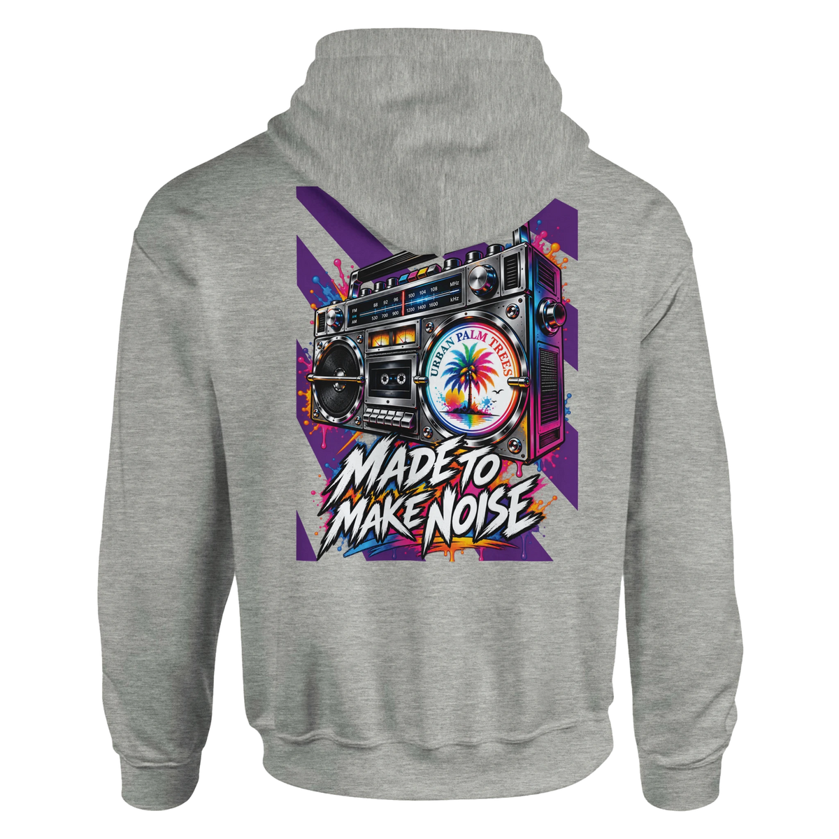 Grey men's hoodie back featuring colorful retro boombox graphic with "Made to Make Noise" text and palm tree design.