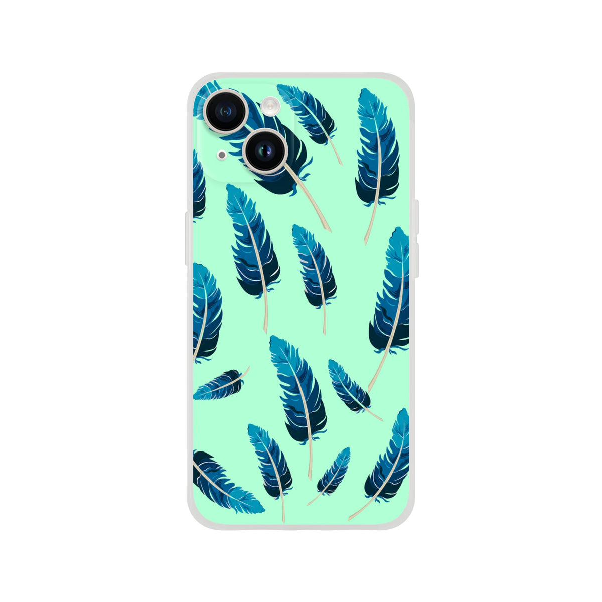 Mint-green iPhone case for 13-16 with blue feather motif and matte finish.