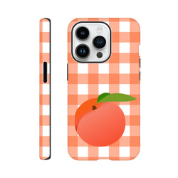 Retro peach gingham iPhone case with orange checkered pattern and fruit illustration for protective streetwear style.