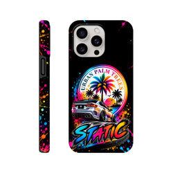 Static Slammed iPhone case featuring a lowered silver car, neon Urban Palm Trees graphic, colorful paint splatters, and bold gradient typography.