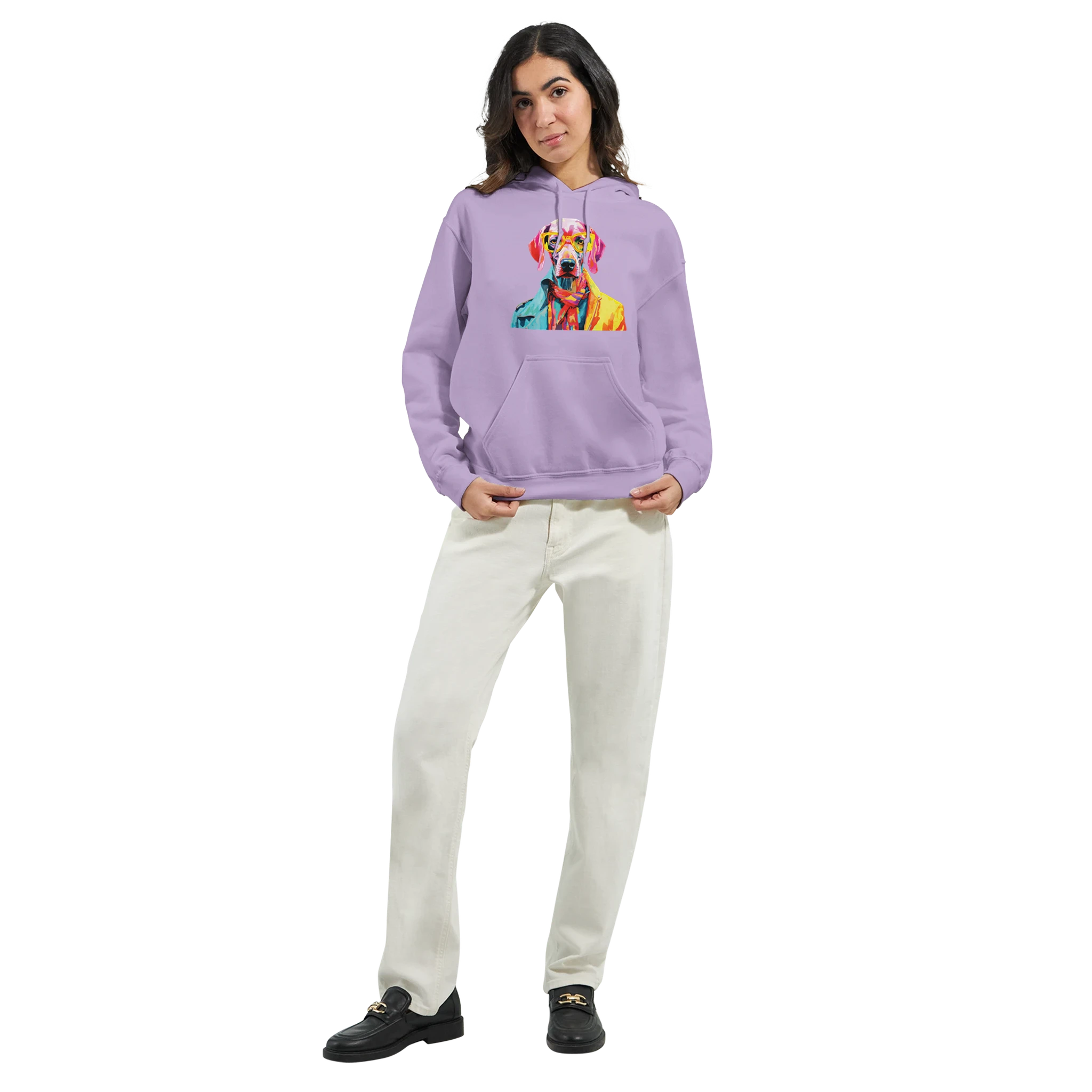 Woman wearing lavender Gent Dog Jumper hoodie with colorful dog graphic; 50/50 cotton-polyester, front pocket.