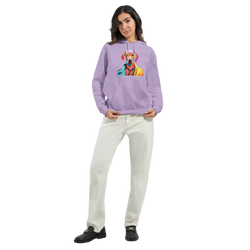Woman wearing lavender Gent Dog Jumper hoodie with colorful dog graphic; 50/50 cotton-polyester, front pocket.