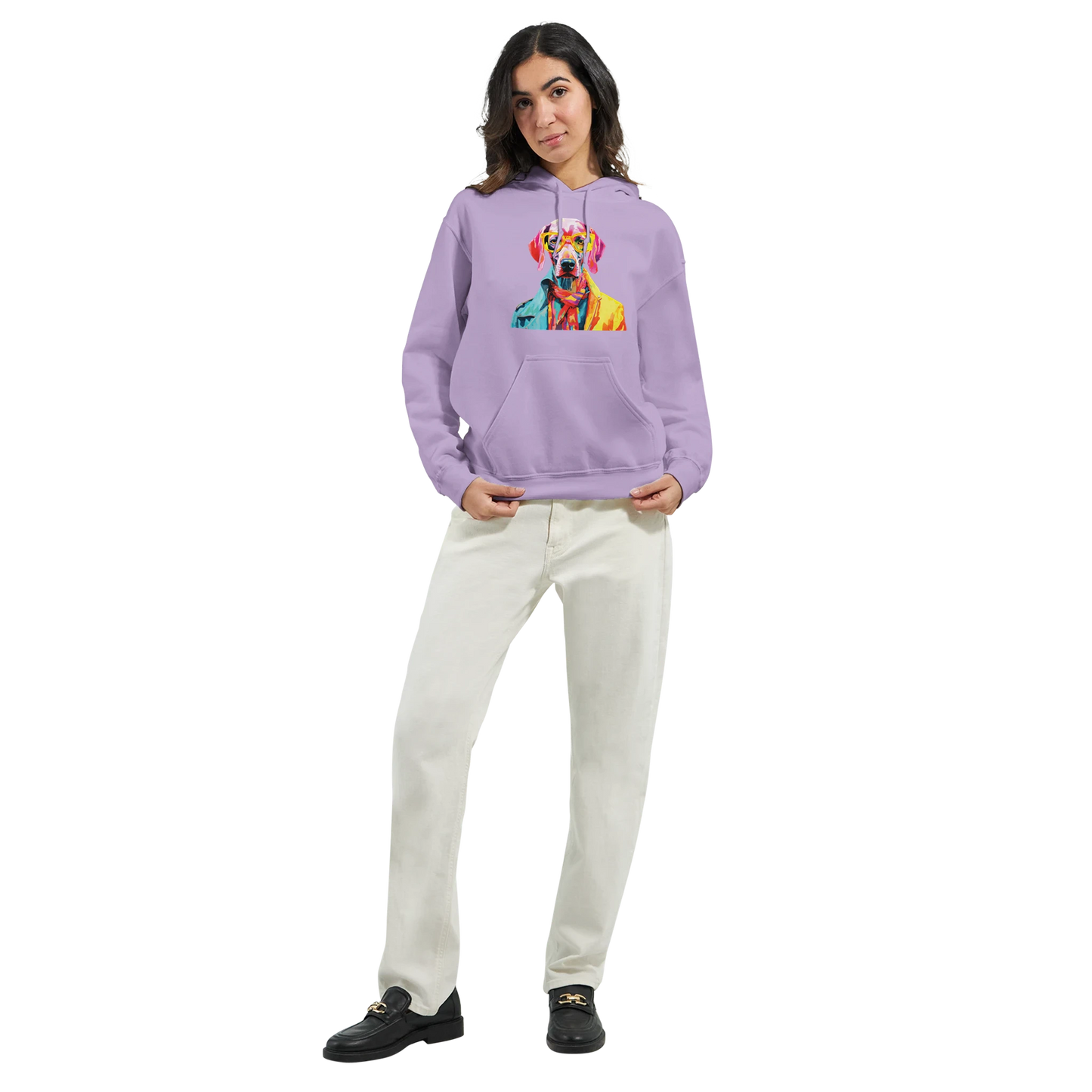 Woman wearing lavender Gent Dog Jumper hoodie with colorful dog graphic; 50/50 cotton-polyester, front pocket.