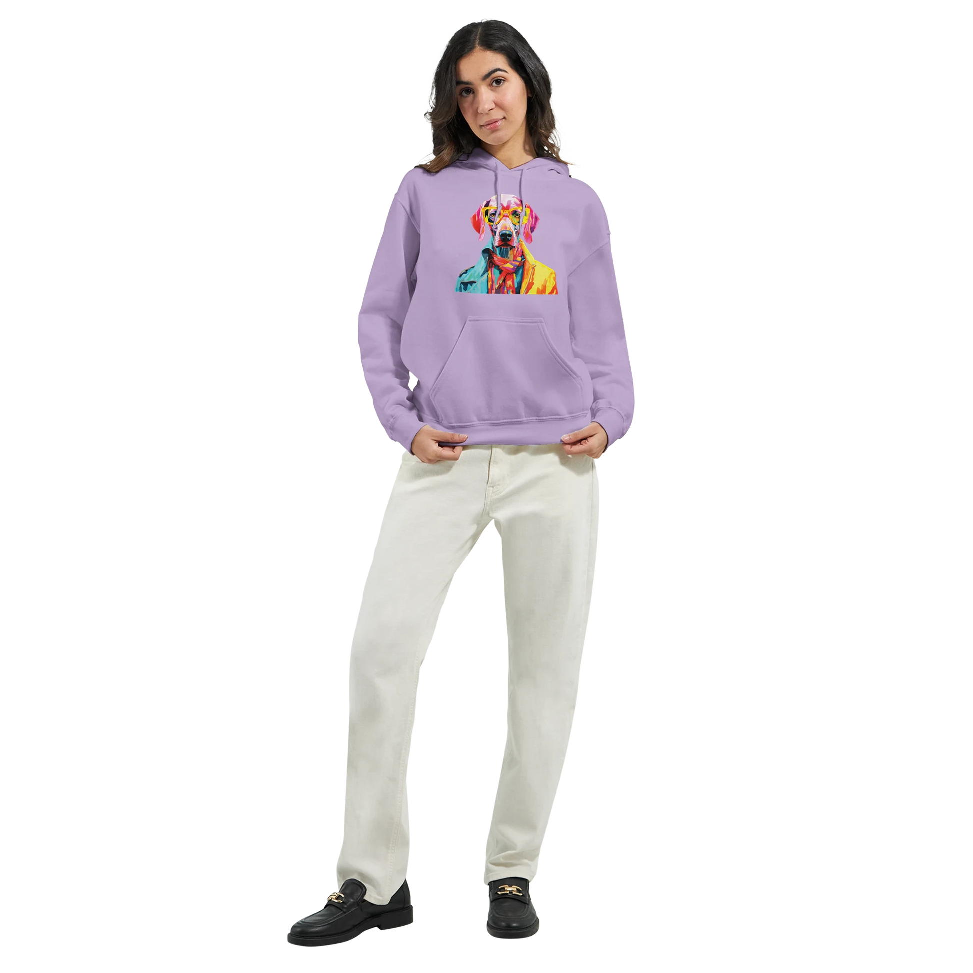 Woman wearing lavender Gent Dog Jumper hoodie with colorful dog graphic; 50/50 cotton-polyester, front pocket.