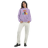 Woman wearing lavender Gent Dog Jumper hoodie with colorful dog graphic; 50/50 cotton-polyester, front pocket.