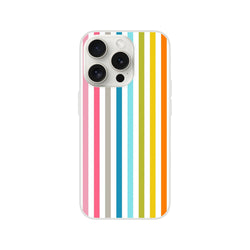 Pastel Rainbow Stripe iPhone Case (13-16) with frosty transparent shell and bold retro rainbow pattern.