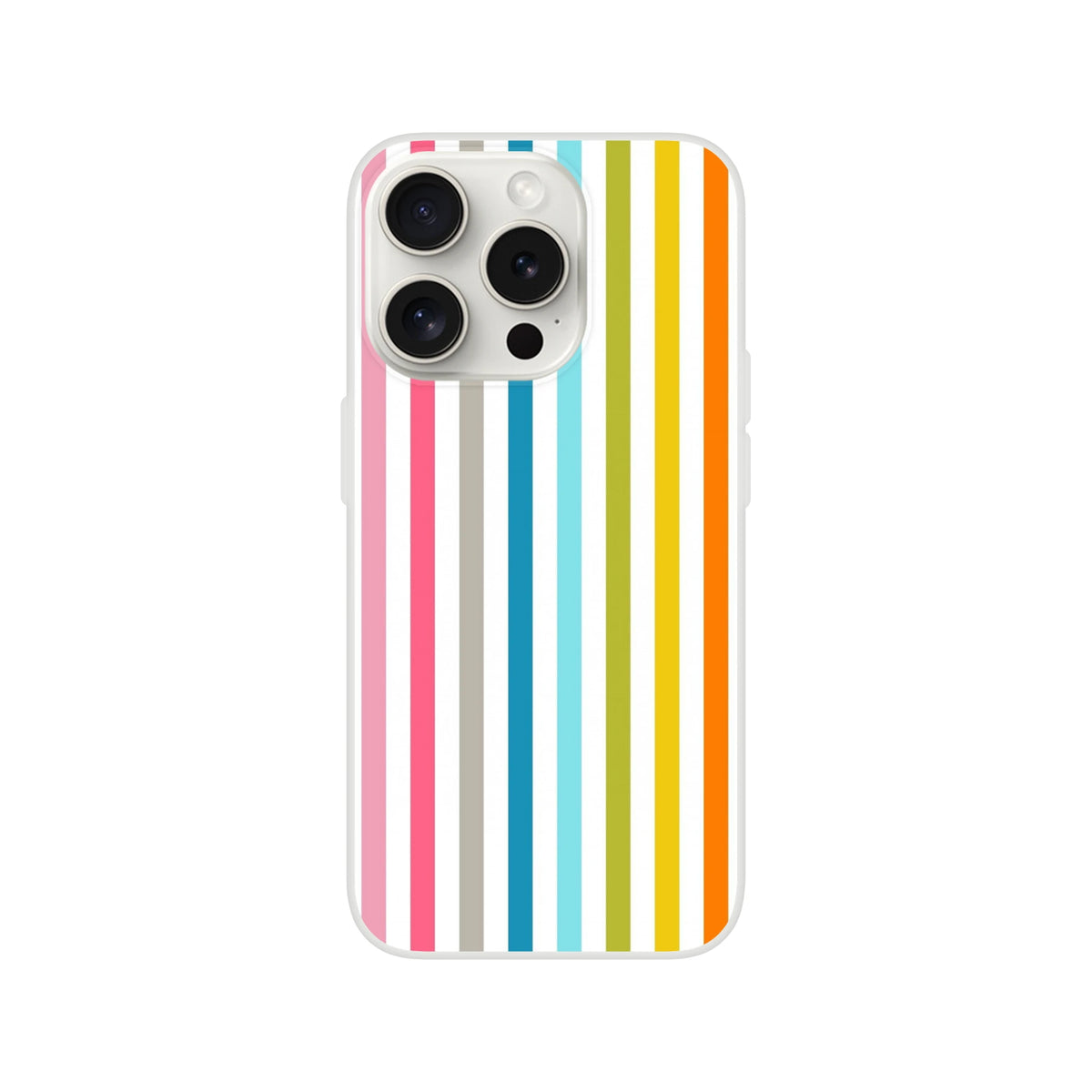Pastel Rainbow Stripe iPhone Case (13-16) with frosty transparent shell and bold retro rainbow pattern.