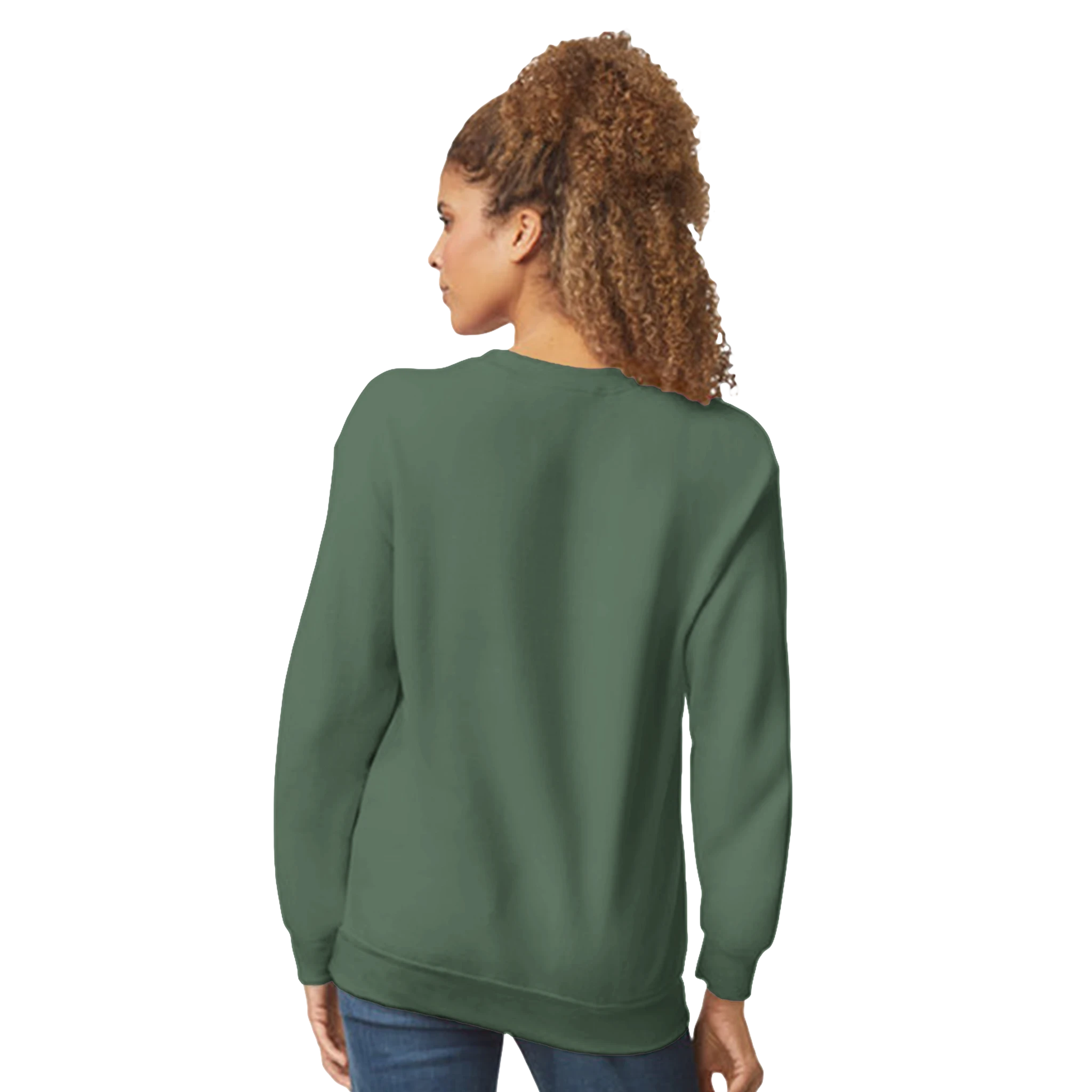 Back view of a woman wearing a green Mental Health Jumper graphic sweatshirt with a soft cotton blend