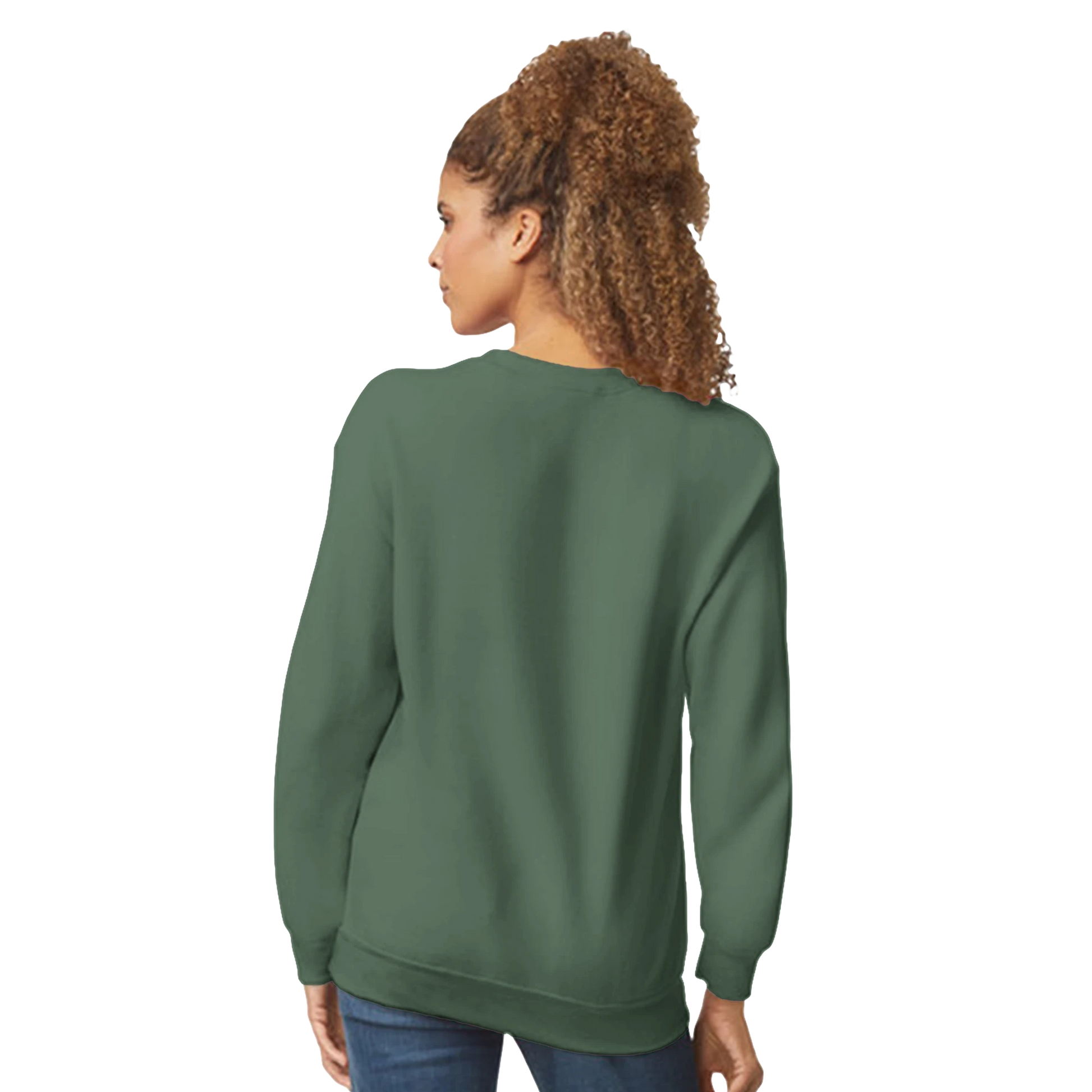 Back view of a woman wearing a green Mental Health Jumper graphic sweatshirt with a soft cotton blend