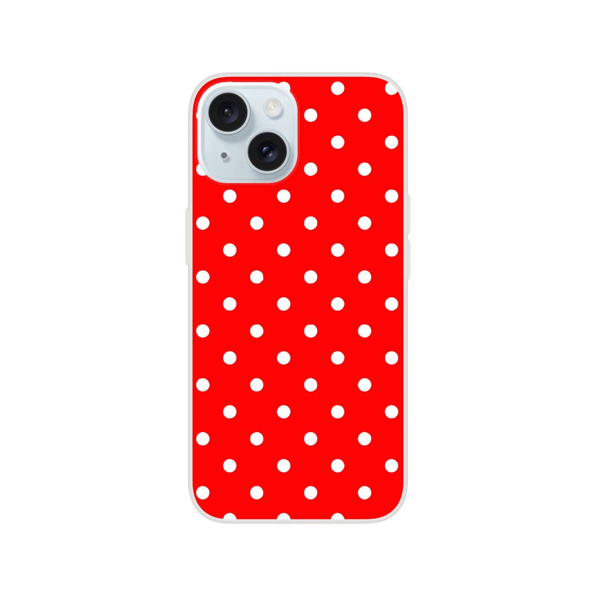 Retro red iPhone case with white polka dots. Slim TPU shell providing shock-absorbing protection for iPhone 13 through 16 models.